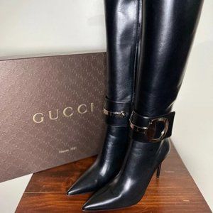 Gucci Black Leather Upper and Sole High Knee Height Zip Boot Heels Womens